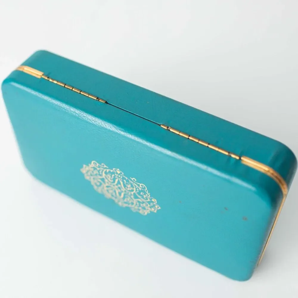 Vintage Farrington Jewelry Box Turquoise Blue Gold Trim Pink Satin Velvet Case